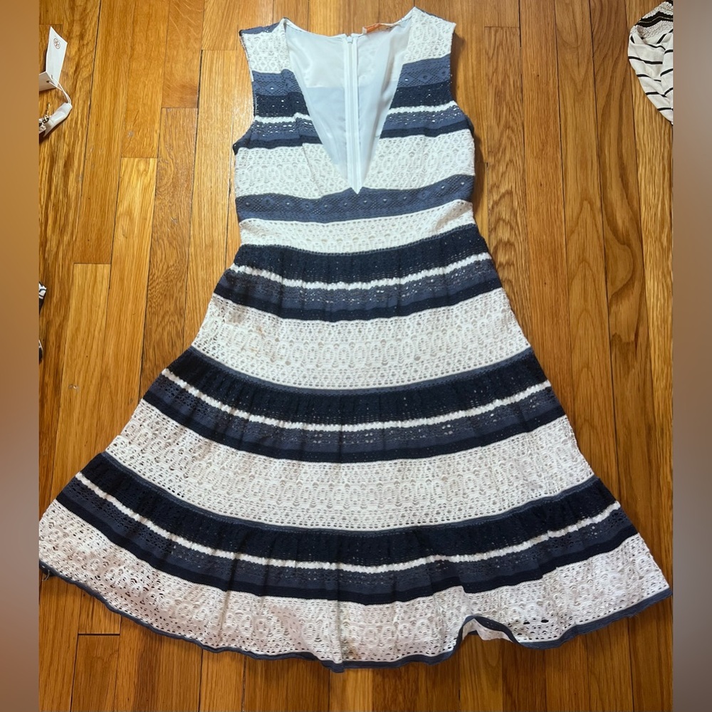 Tory Burch Navy and White Striped Lace Fit-and-Flare Dress